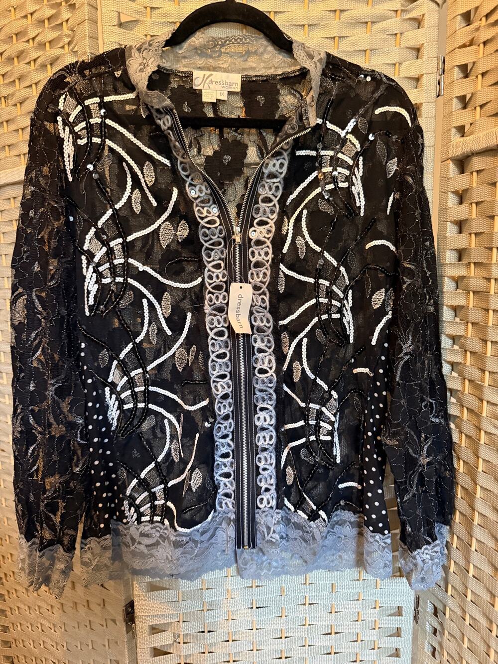 Dressbarn Woman 1X Black Gray Lace Sequin Zip Front Jacket Floral Embroidered